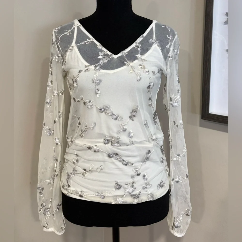 White House Black Market Sheer White Embroidered Blouse
